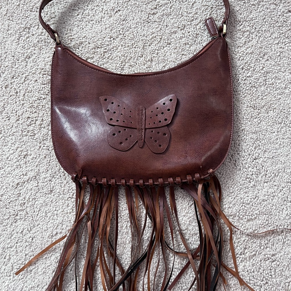 Brown Leather Fringe Bag with Butterfly Design
